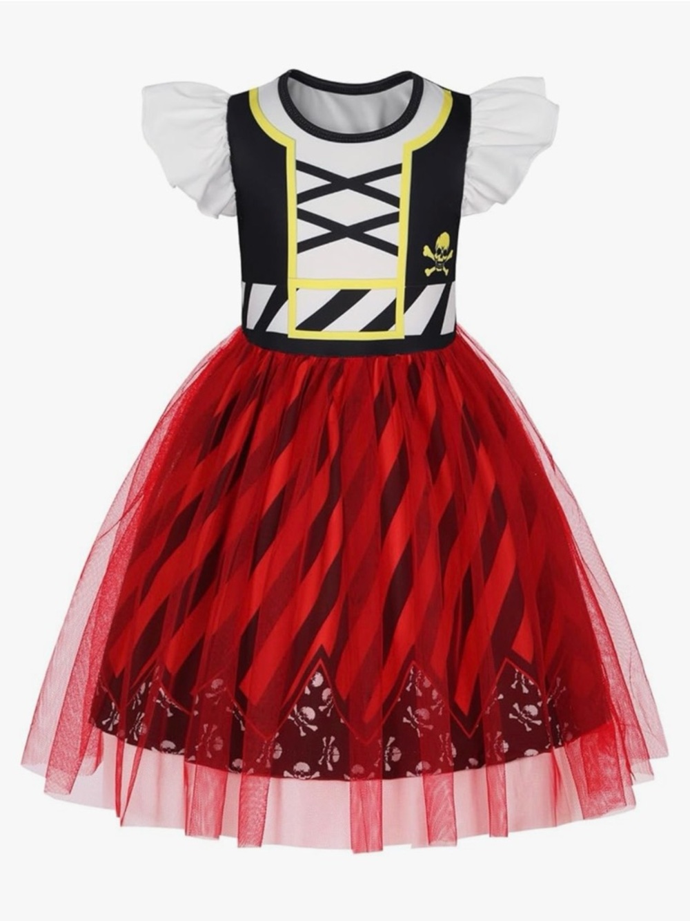 Girls Red and Black Pirate Costume Dress with White Puff Sleeves